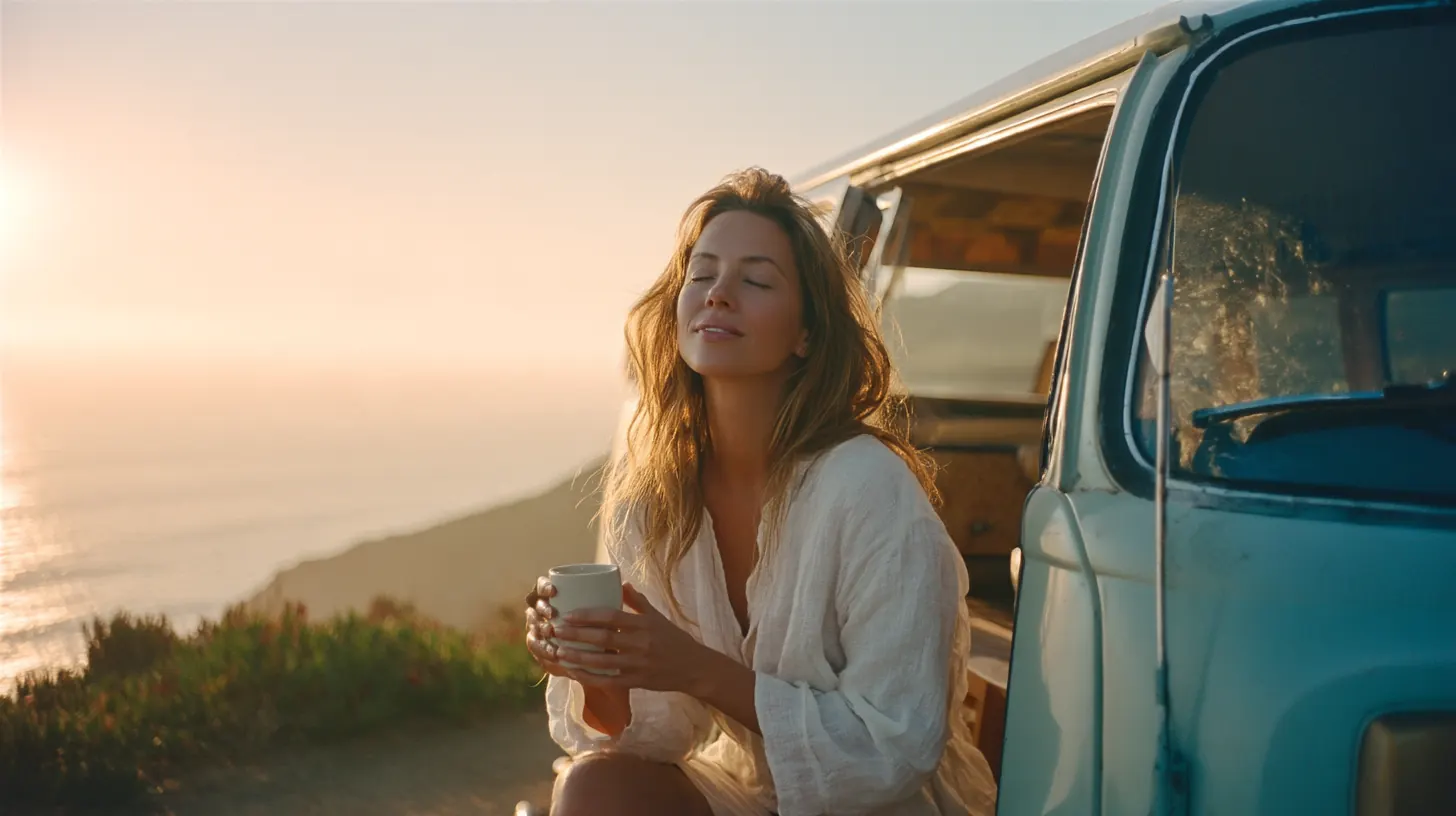 A woman holds a cup of coffee beside her van at sunrise, eyes closed.