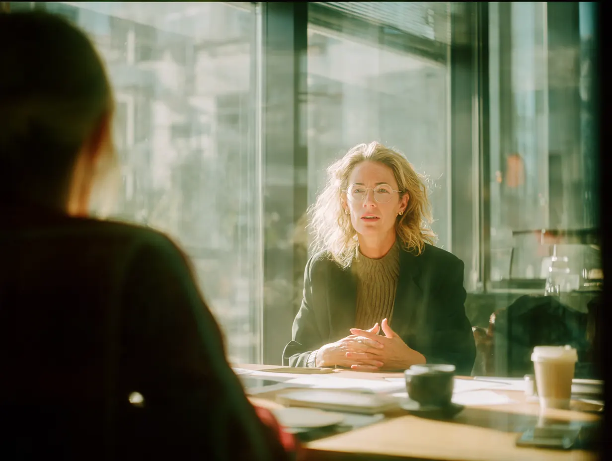 A woman listens to a client across a table by a window.