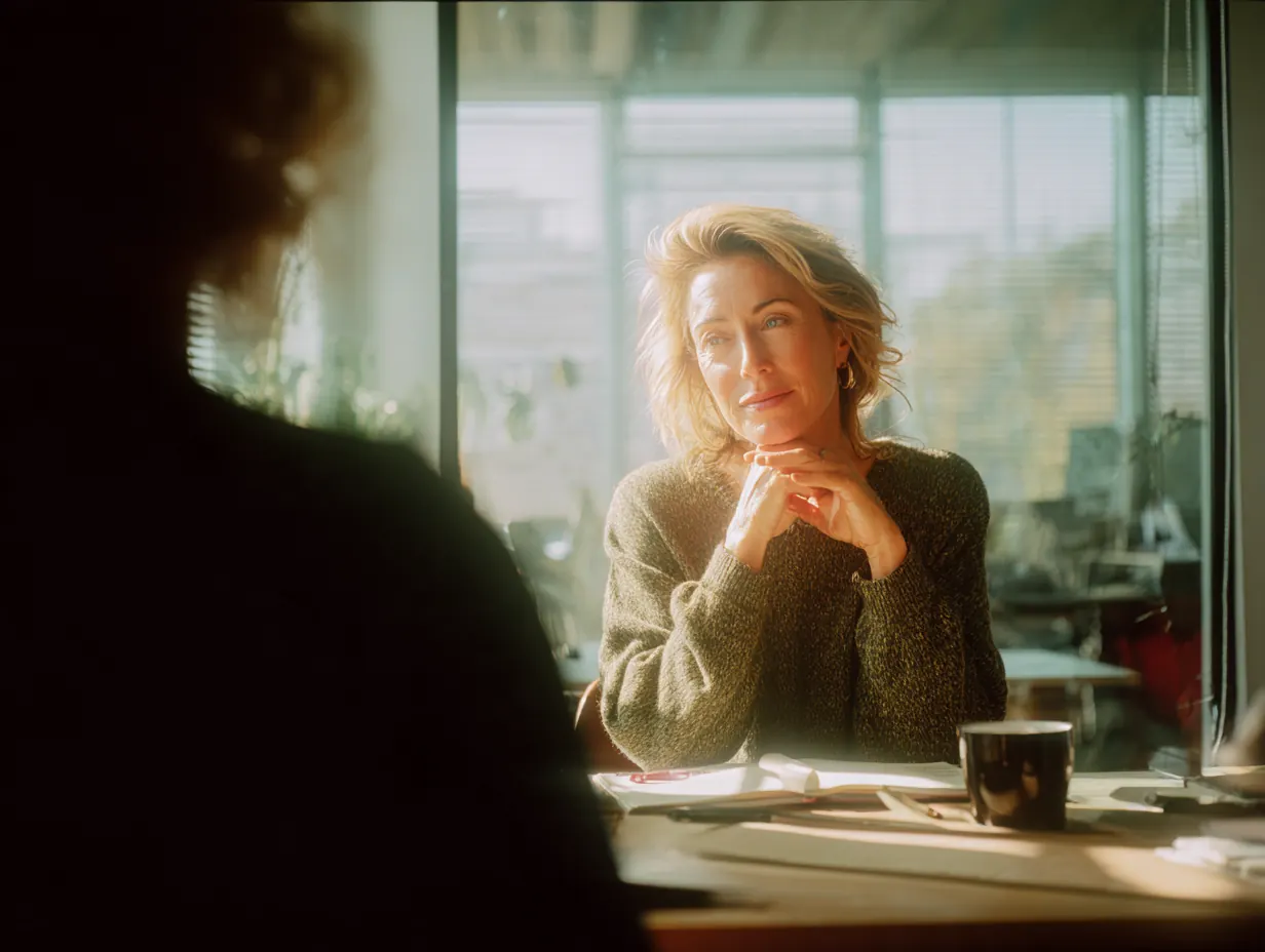 A woman rests her chin on her hand as she listens across a table.