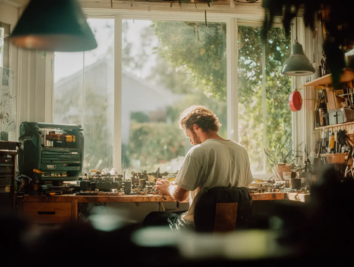 A man works at a cluttered workbench by a bright workshop window.