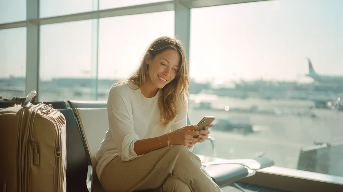 A woman reads her phone by a window at an airport.