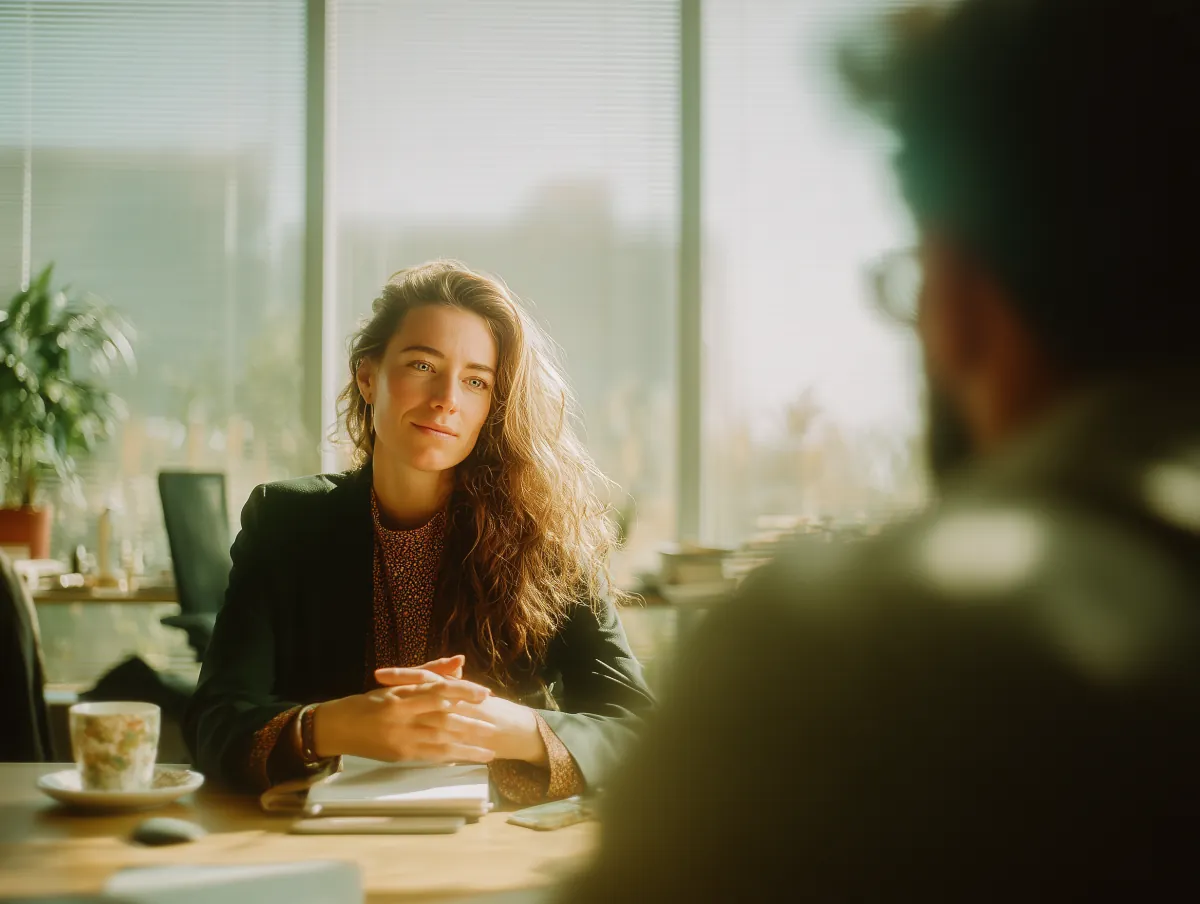 A woman talks with a client across a table.