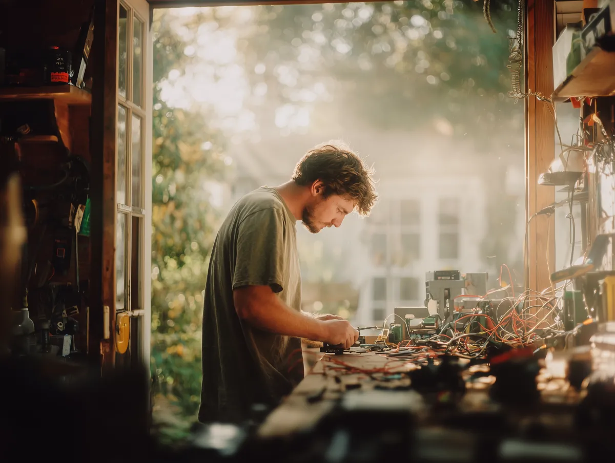 A man works on a hardware prototype at a workbench.