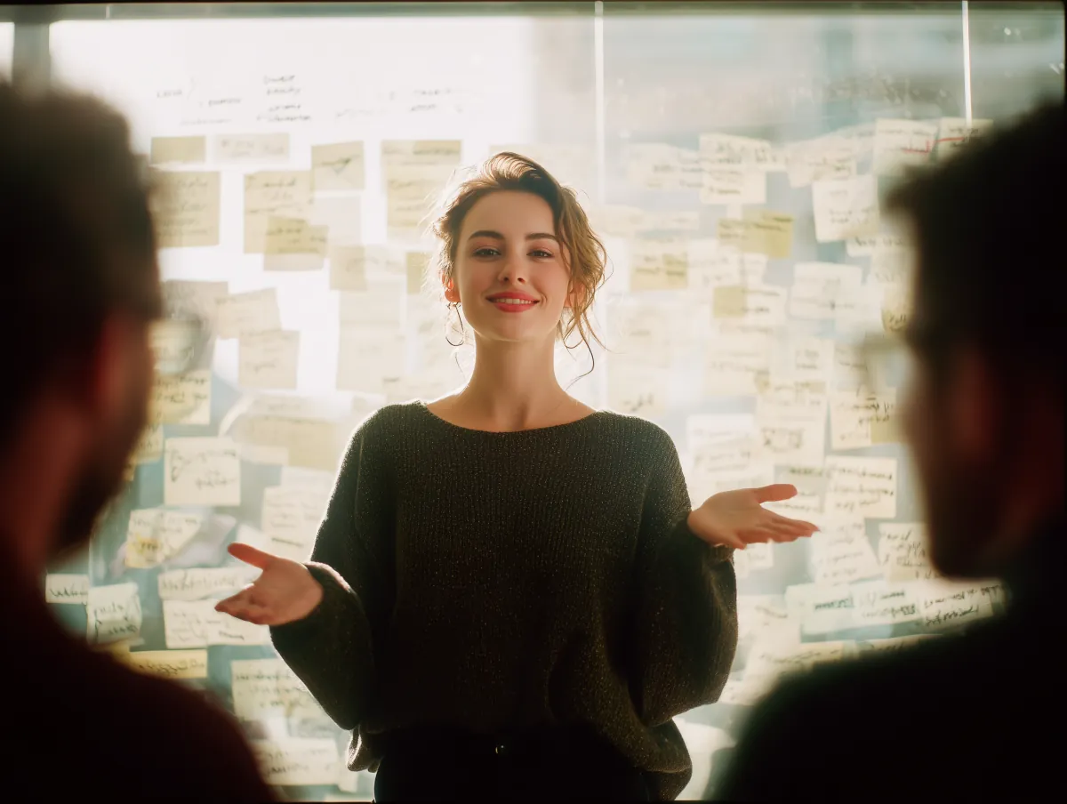 A woman gestures at a wall of sticky notes while two teammates listen.