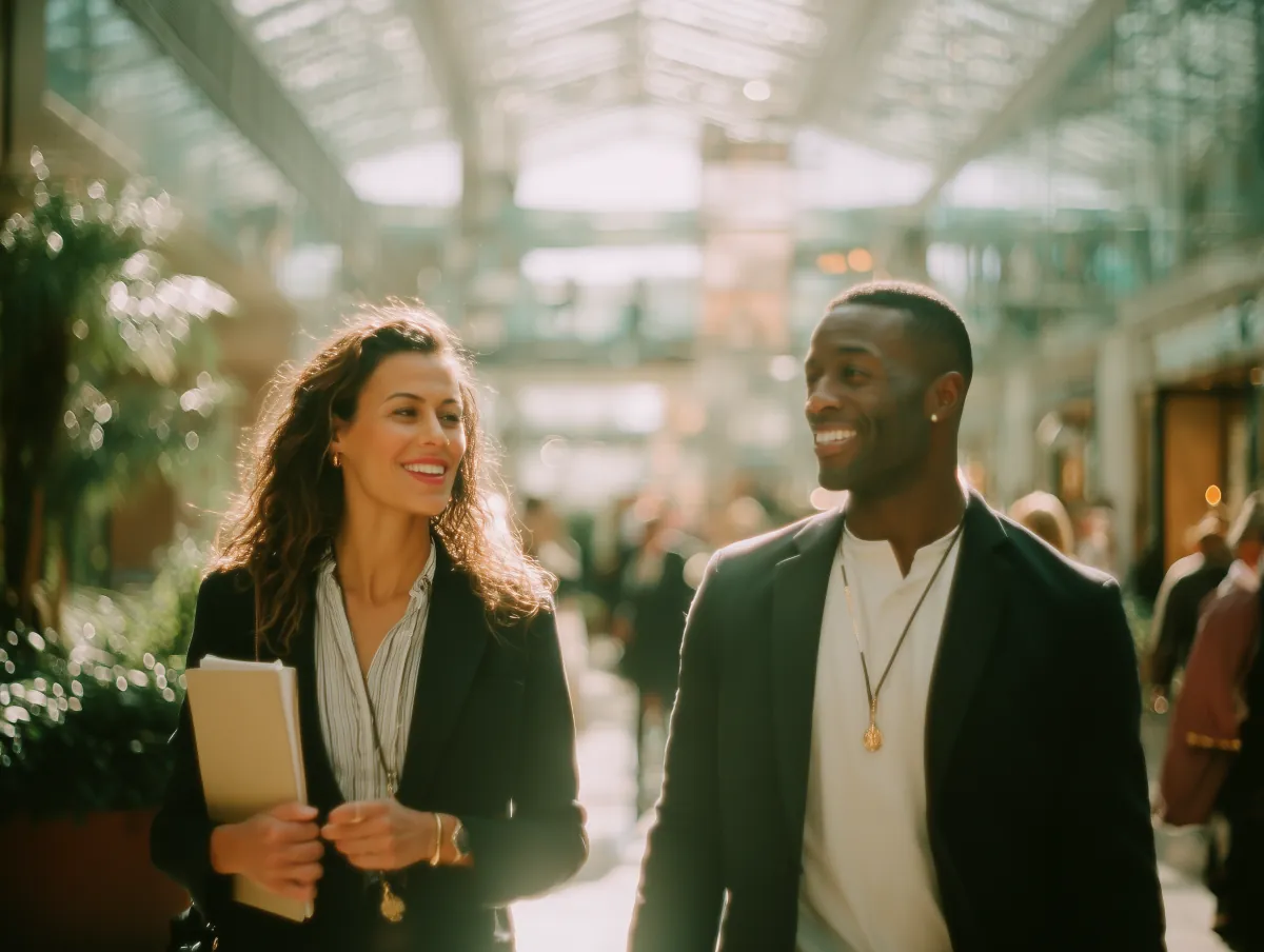 A woman and a man talk as they walk through a glass atrium.