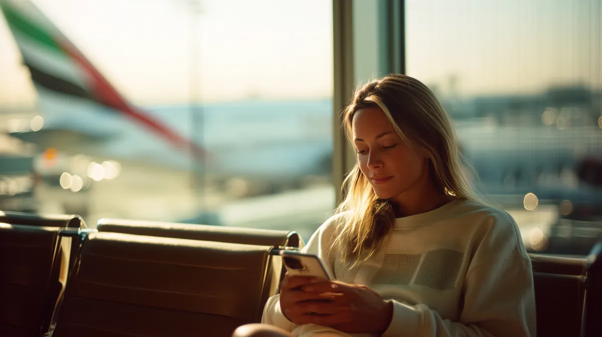 A woman smiles at her phone while waiting by a sunlit airport window.