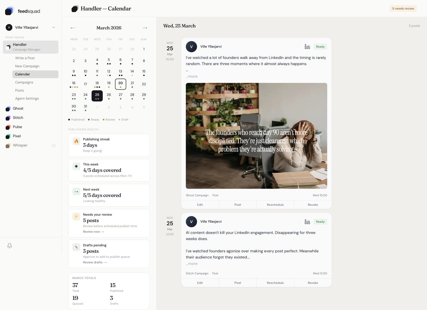 FeedSquad Handler Calendar — manage campaigns across LinkedIn, X, and Threads